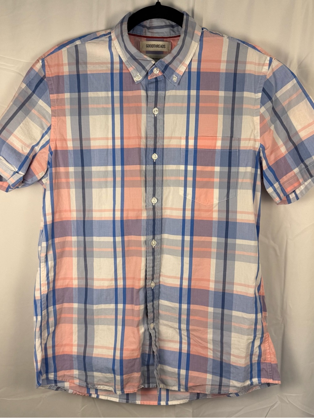 Goodthreads Blue Pink Plaid Button-Down Shirt Men’s Medium Short Sleeve